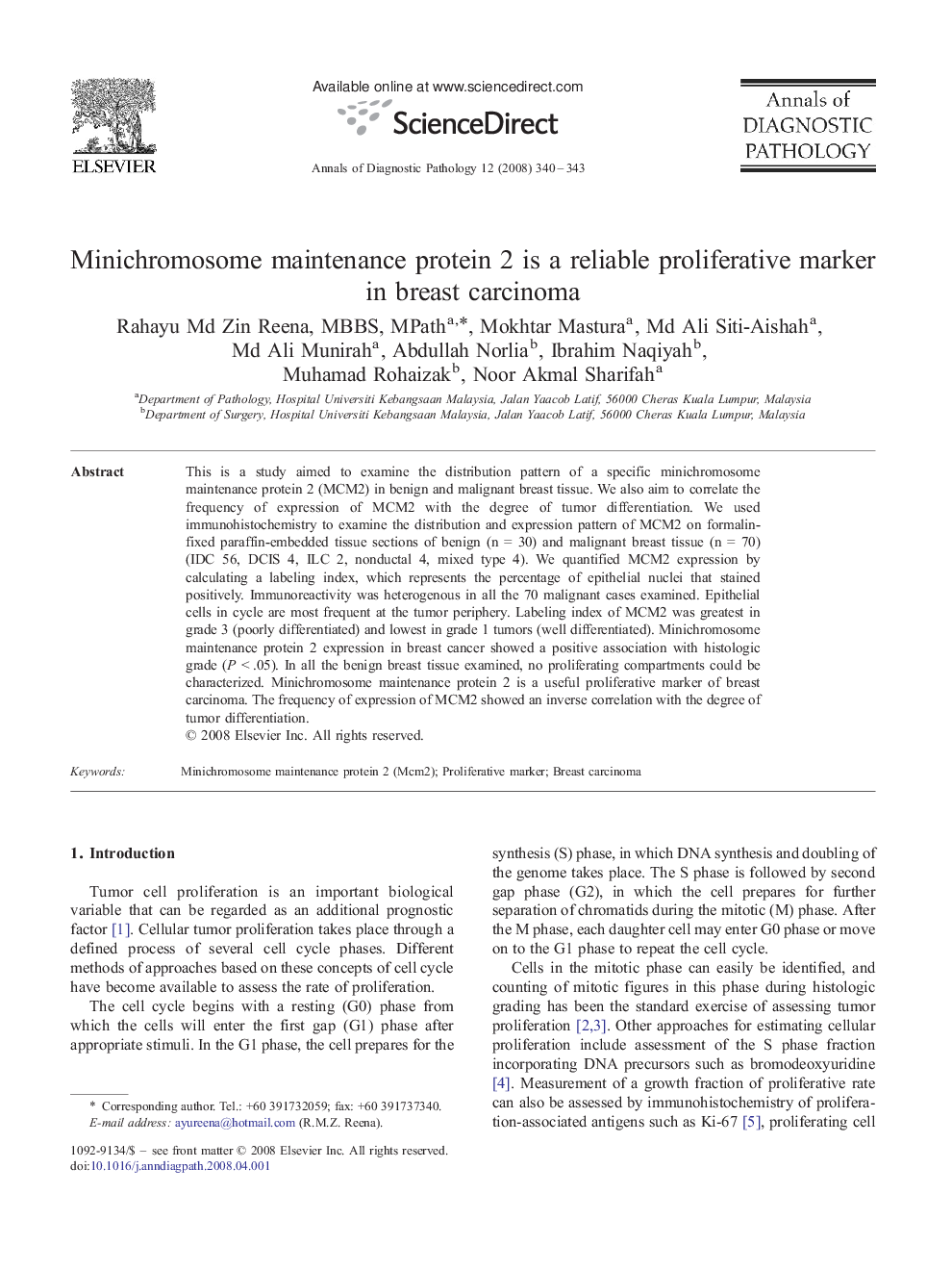 Minichromosome maintenance protein 2 is a reliable proliferative marker in breast carcinoma