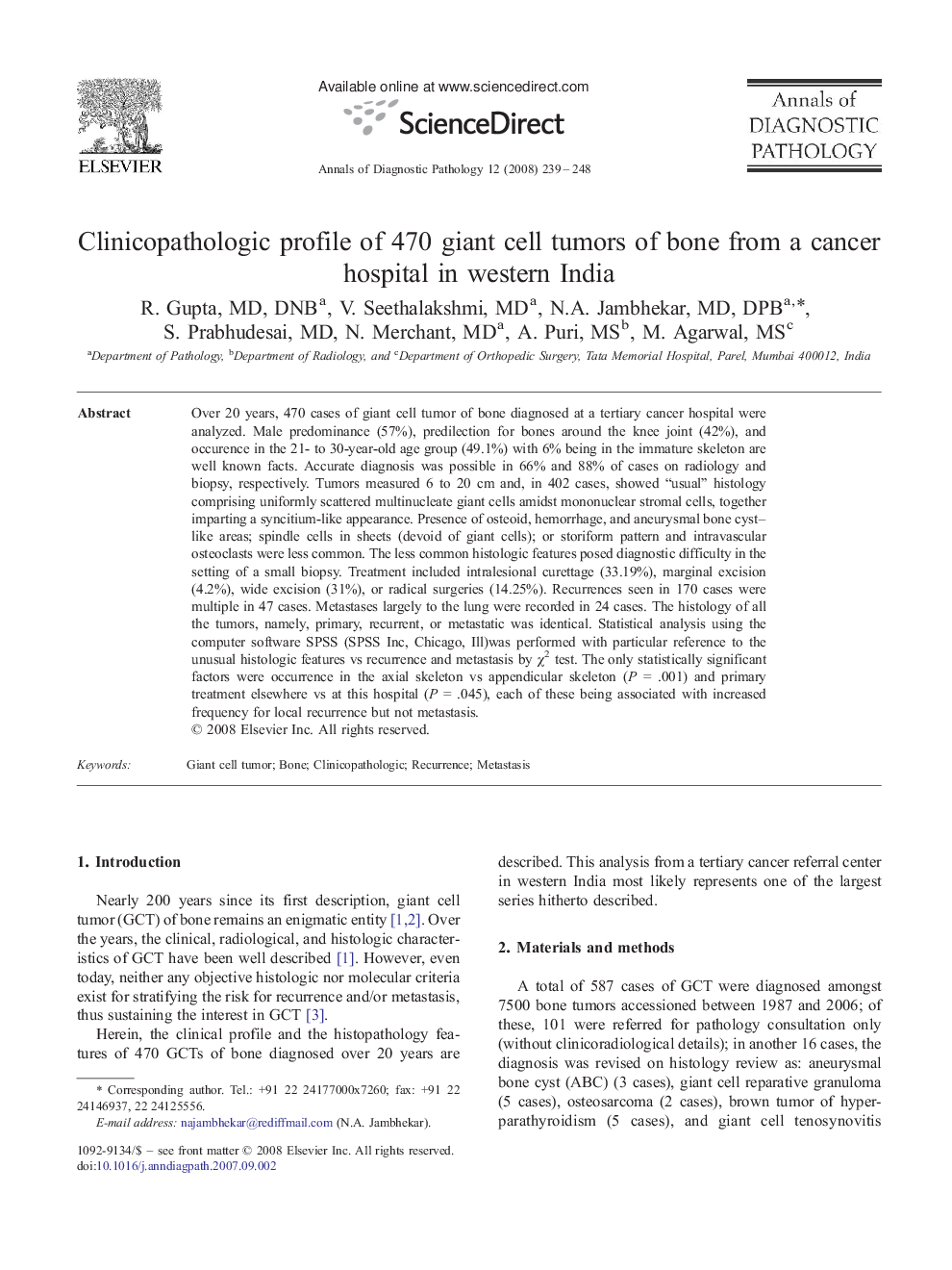 Clinicopathologic profile of 470 giant cell tumors of bone from a cancer hospital in western India