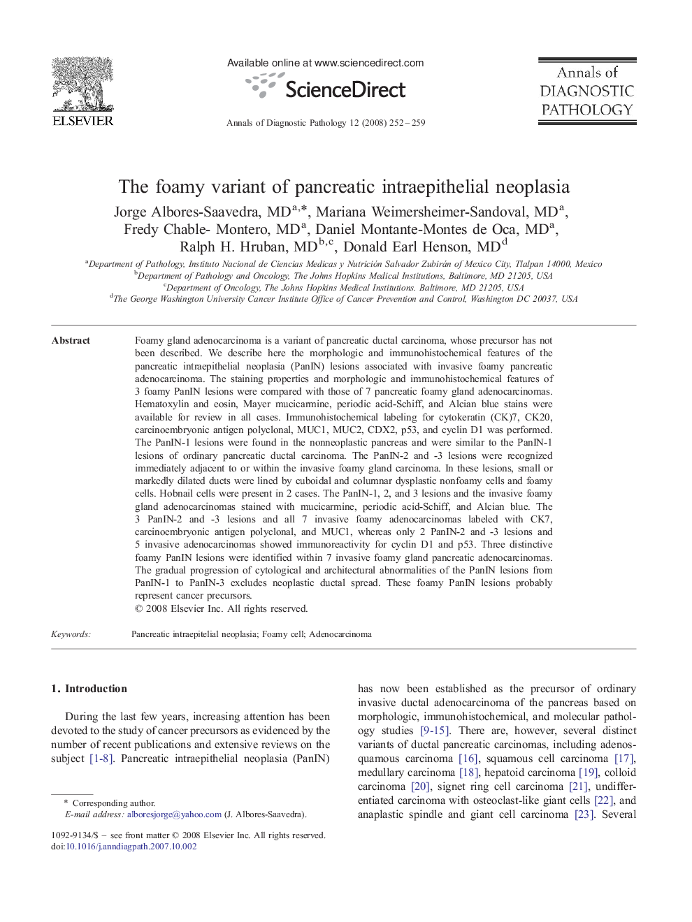 The foamy variant of pancreatic intraepithelial neoplasia