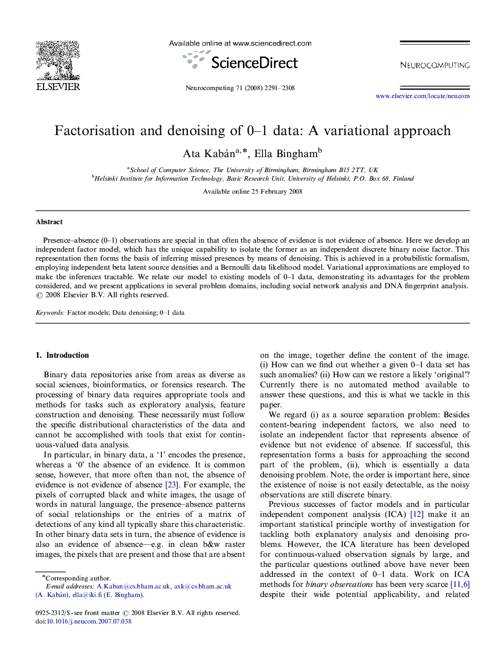 Factorisation and denoising of 0–1 data: A variational approach