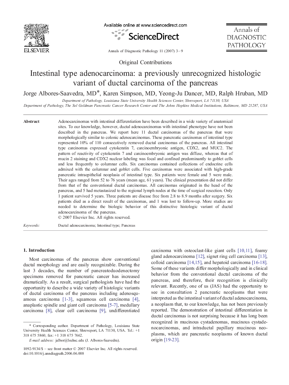 Intestinal type adenocarcinoma: a previously unrecognized histologic variant of ductal carcinoma of the pancreas