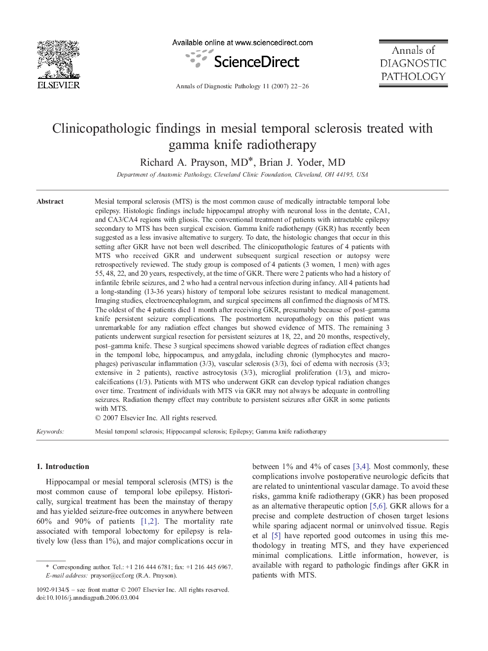 Clinicopathologic findings in mesial temporal sclerosis treated with gamma knife radiotherapy