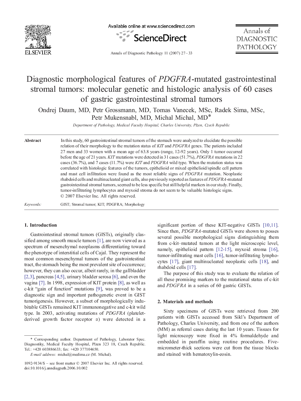 Diagnostic morphological features of PDGFRA-mutated gastrointestinal stromal tumors: molecular genetic and histologic analysis of 60 cases of gastric gastrointestinal stromal tumors