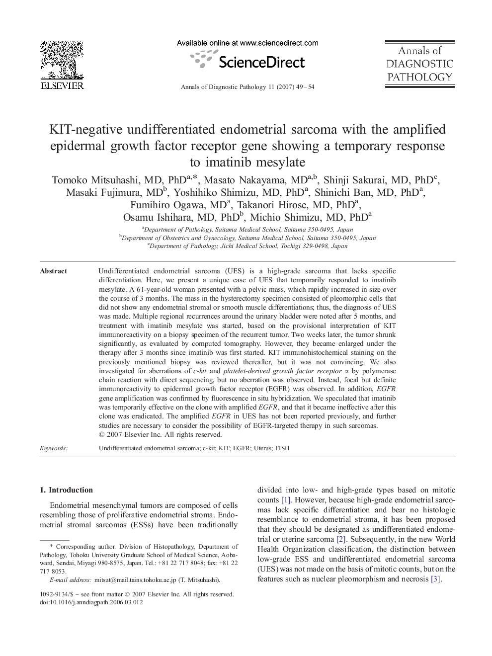 KIT-negative undifferentiated endometrial sarcoma with the amplified epidermal growth factor receptor gene showing a temporary response to imatinib mesylate