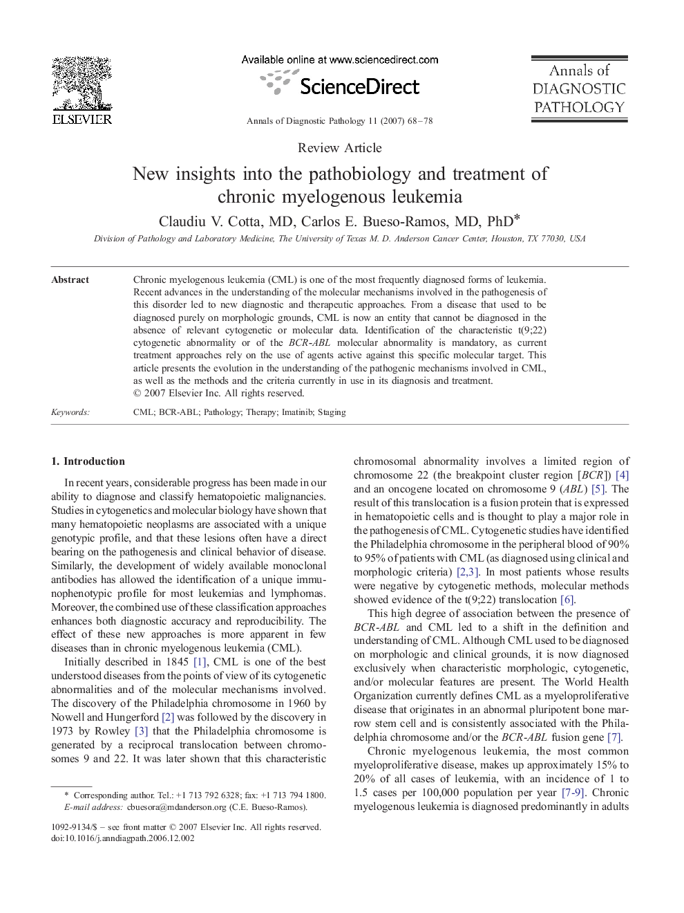 New insights into the pathobiology and treatment of chronic myelogenous leukemia