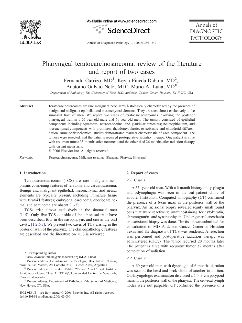 Pharyngeal teratocarcinosarcoma: review of the literature and report of two cases