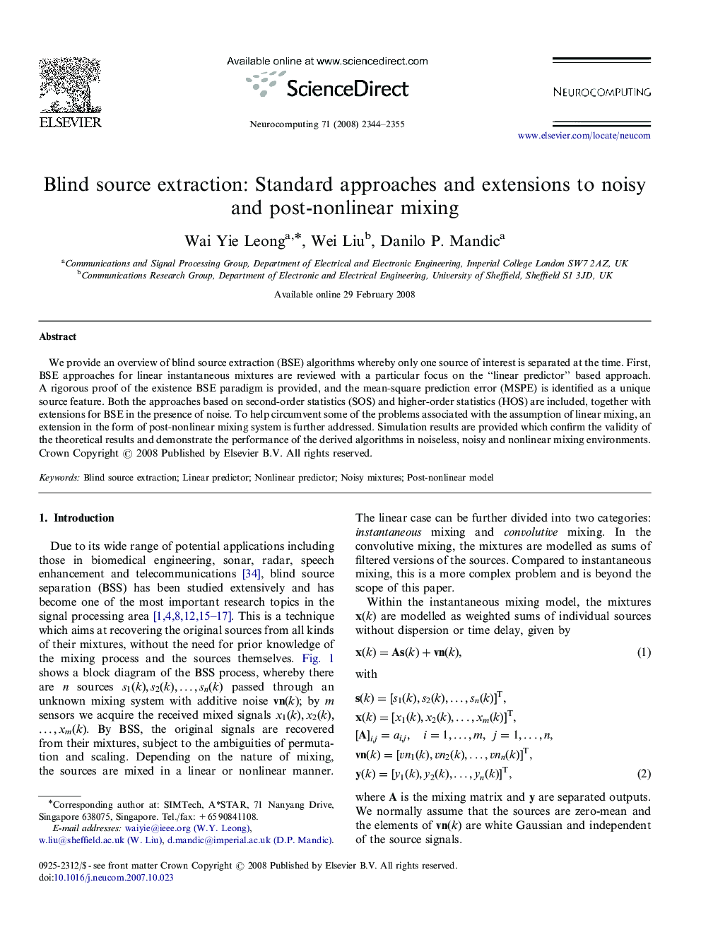 Blind source extraction: Standard approaches and extensions to noisy and post-nonlinear mixing