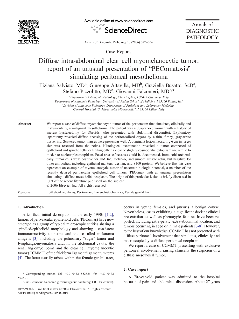 Diffuse intra-abdominal clear cell myomelanocytic tumor: report of an unusual presentation of “PEComatosis” simulating peritoneal mesothelioma