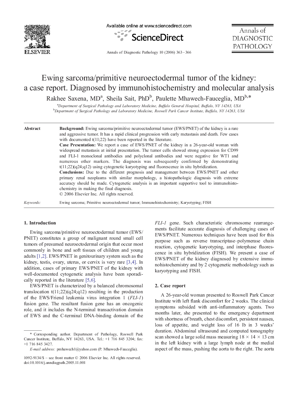 Ewing sarcoma/primitive neuroectodermal tumor of the kidney: a case report. Diagnosed by immunohistochemistry and molecular analysis