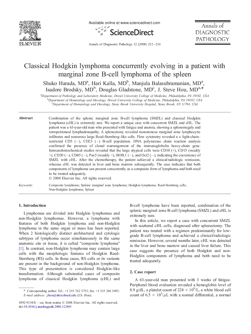 Classical Hodgkin lymphoma concurrently evolving in a patient with marginal zone B-cell lymphoma of the spleen