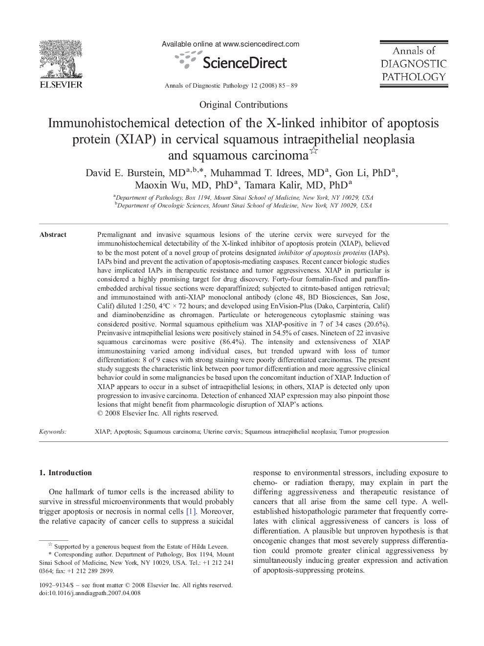 Immunohistochemical detection of the X-linked inhibitor of apoptosis protein (XIAP) in cervical squamous intraepithelial neoplasia and squamous carcinoma 