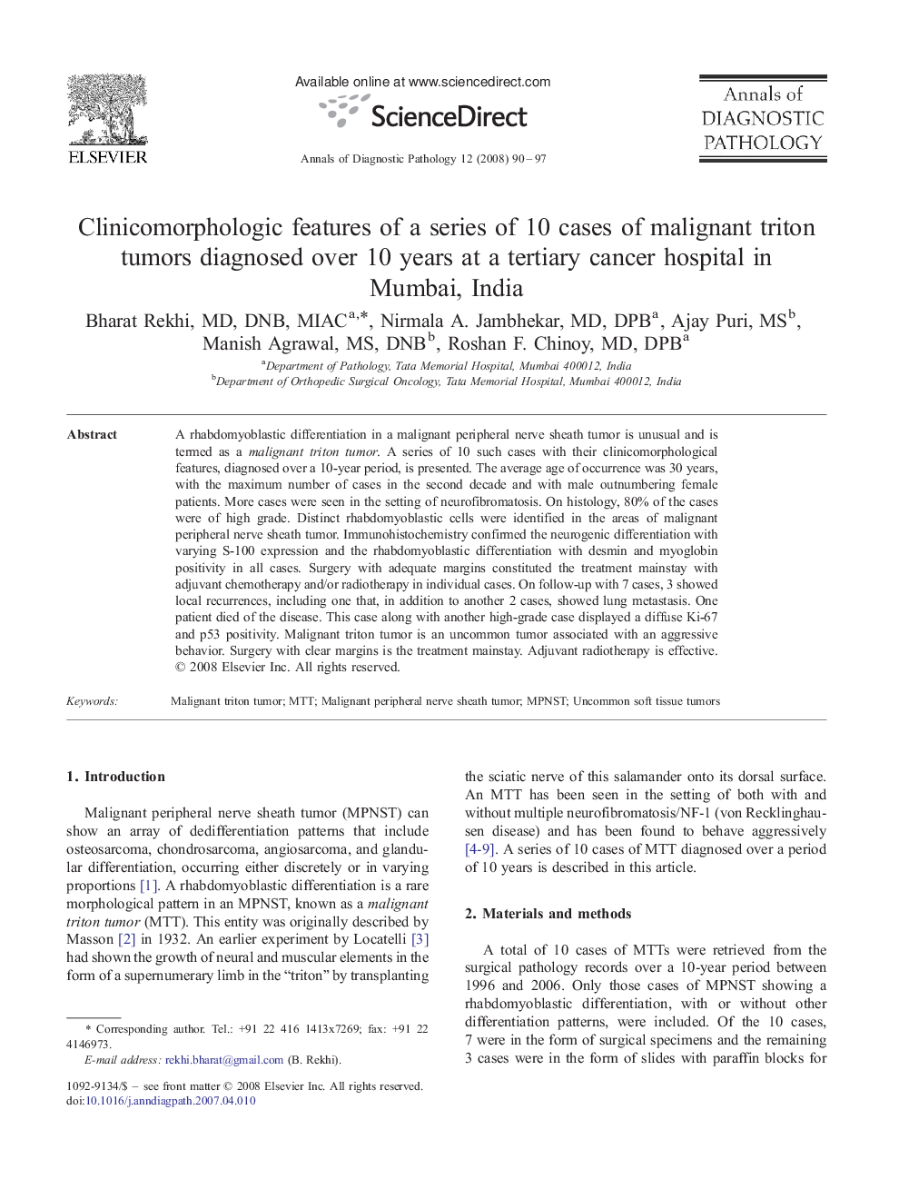 Clinicomorphologic features of a series of 10 cases of malignant triton tumors diagnosed over 10 years at a tertiary cancer hospital in Mumbai, India