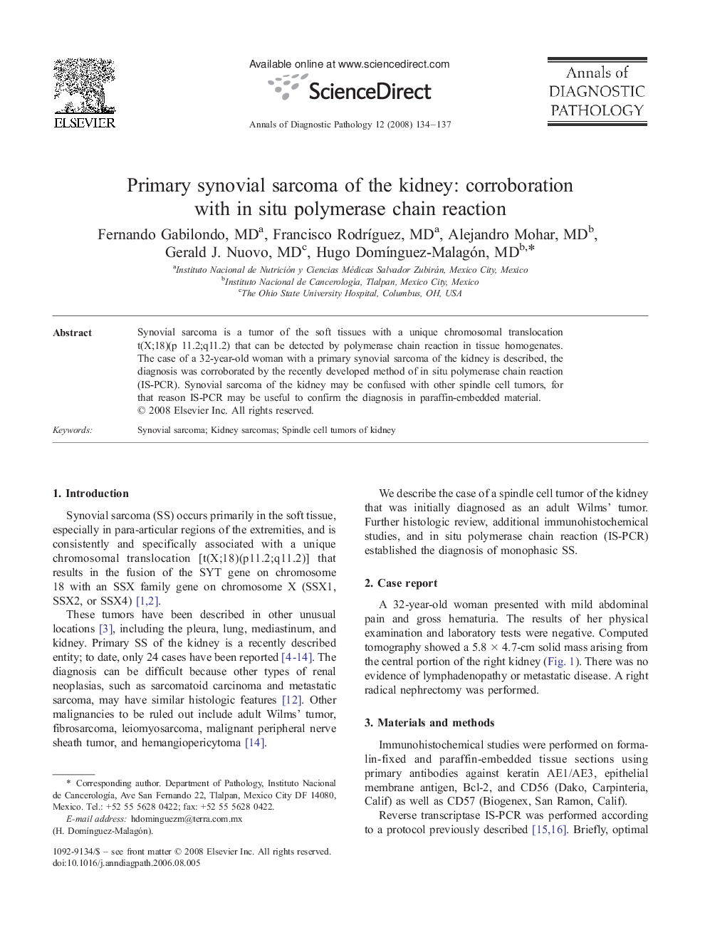 Primary synovial sarcoma of the kidney: corroboration with in situ polymerase chain reaction