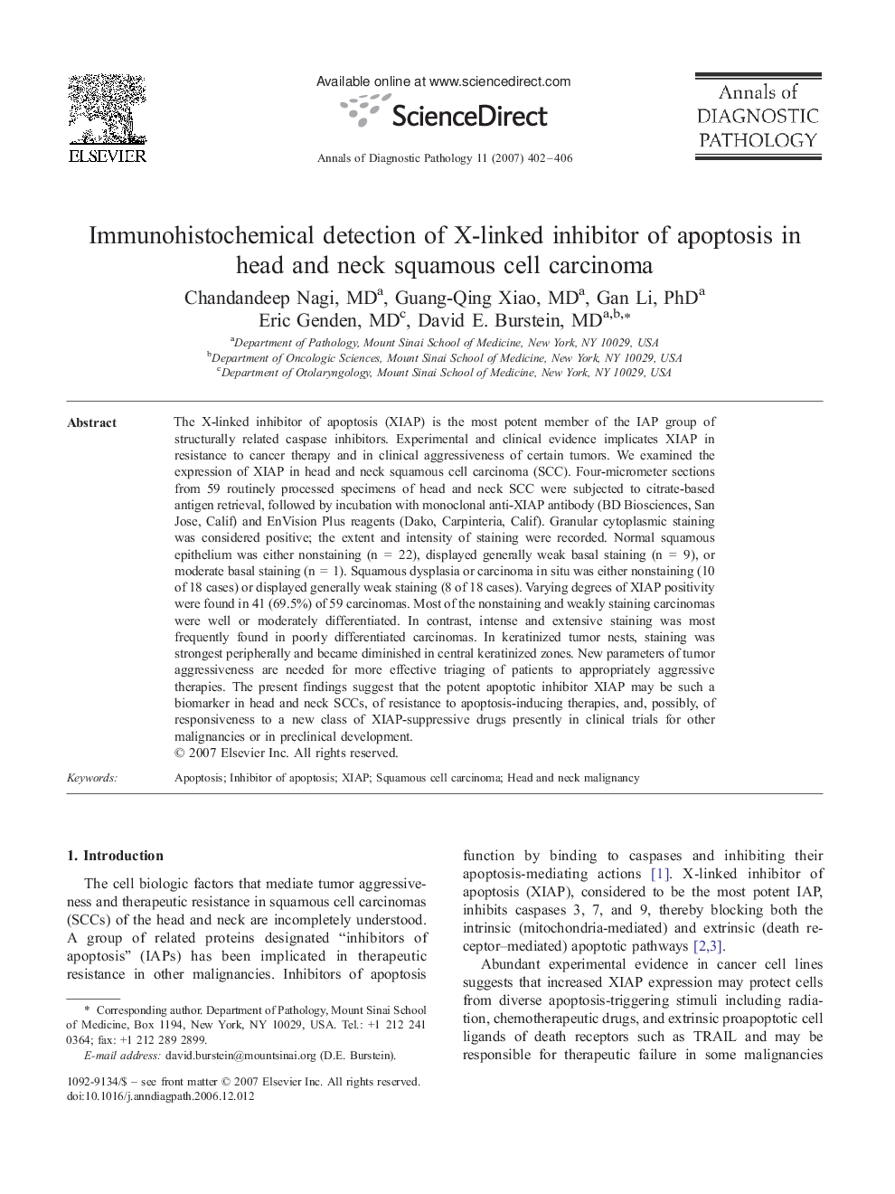 Immunohistochemical detection of X-linked inhibitor of apoptosis in head and neck squamous cell carcinoma