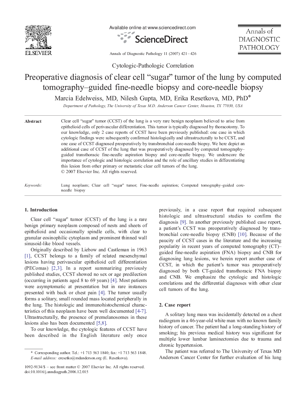 Preoperative diagnosis of clear cell “sugar” tumor of the lung by computed tomography–guided fine-needle biopsy and core-needle biopsy