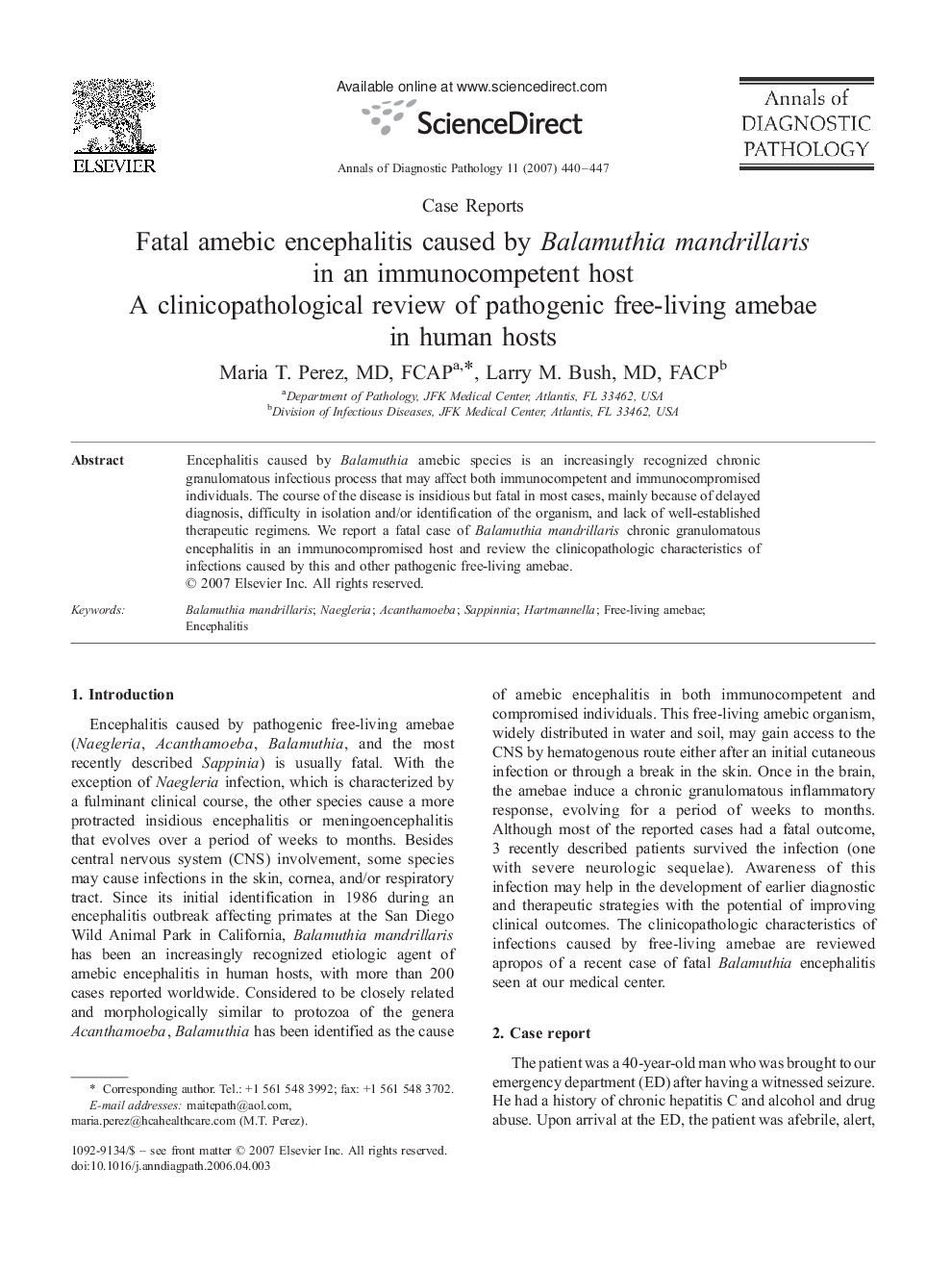 Fatal amebic encephalitis caused by Balamuthia mandrillaris in an immunocompetent host: A clinicopathological review of pathogenic free-living amebae in human hosts