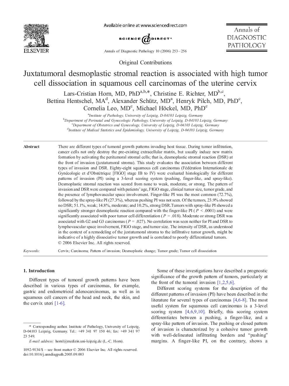 Juxtatumoral desmoplastic stromal reaction is associated with high tumor cell dissociation in squamous cell carcinomas of the uterine cervix