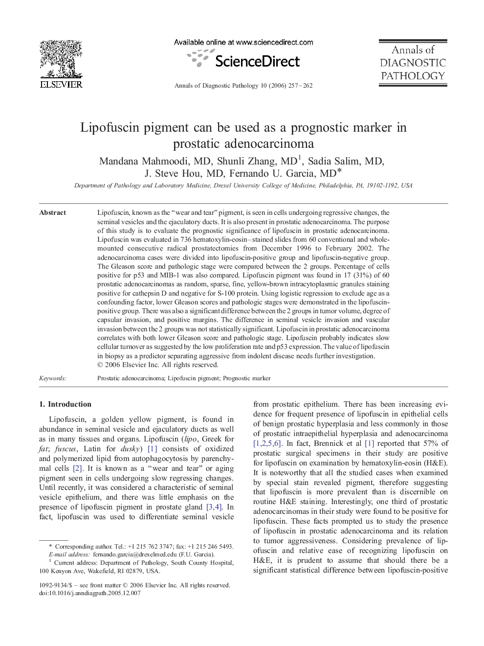 Lipofuscin pigment can be used as a prognostic marker in prostatic adenocarcinoma