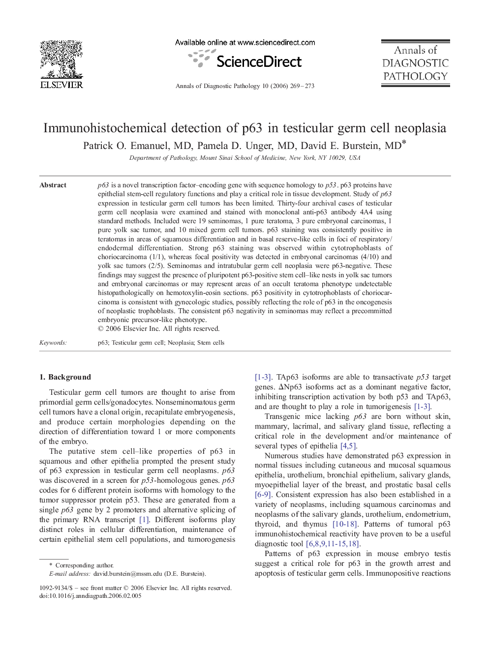 Immunohistochemical detection of p63 in testicular germ cell neoplasia