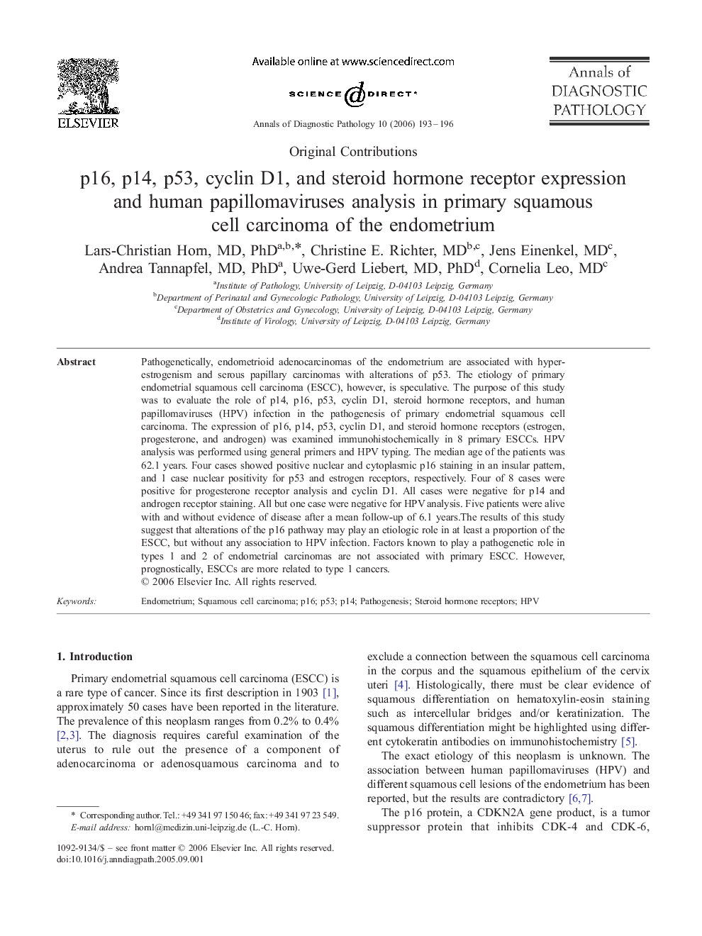 p16, p14, p53, cyclin D1, and steroid hormone receptor expression and human papillomaviruses analysis in primary squamous cell carcinoma of the endometrium