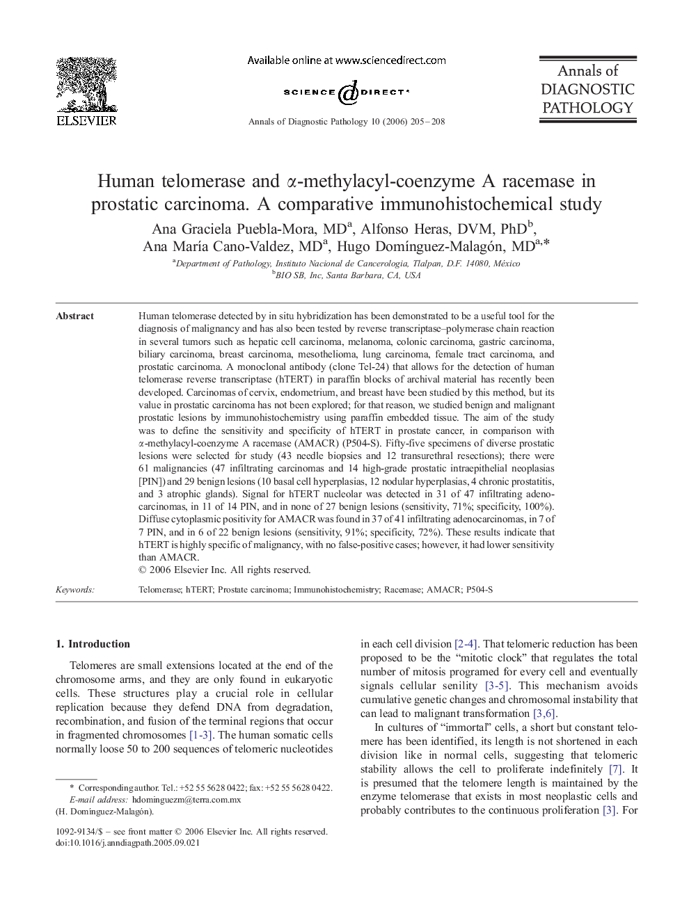 Human telomerase and Î±-methylacyl-coenzyme A racemase in prostatic carcinoma. A comparative immunohistochemical study