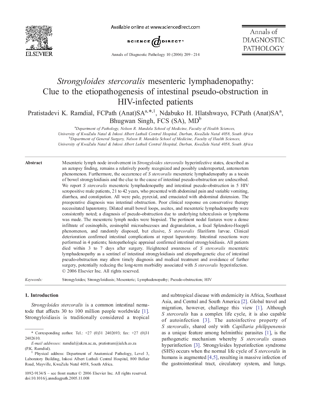 Strongyloides stercoralis mesenteric lymphadenopathy: Clue to the etiopathogenesis of intestinal pseudo-obstruction in HIV-infected patients