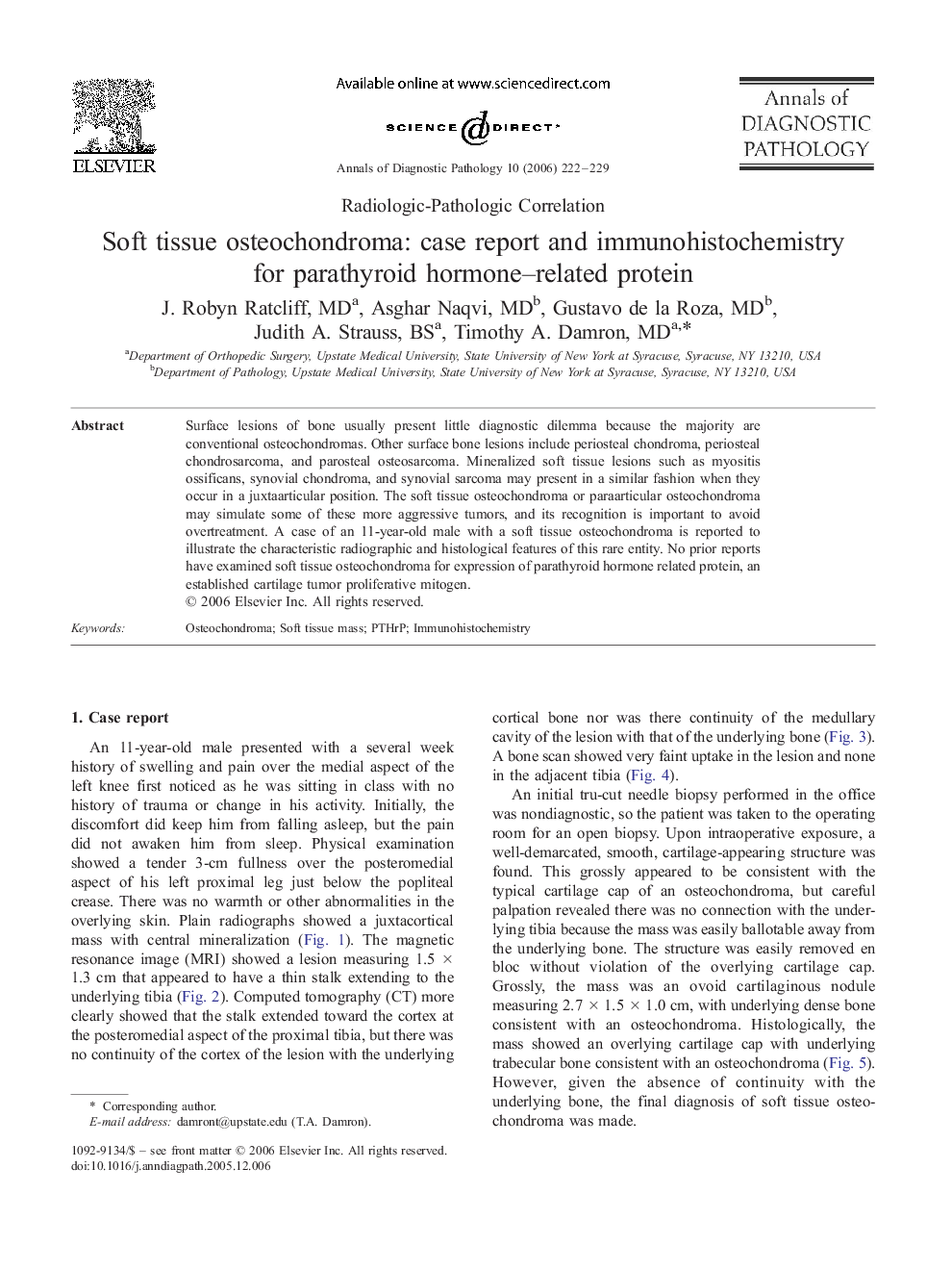 Soft tissue osteochondroma: case report and immunohistochemistry for parathyroid hormone–related protein