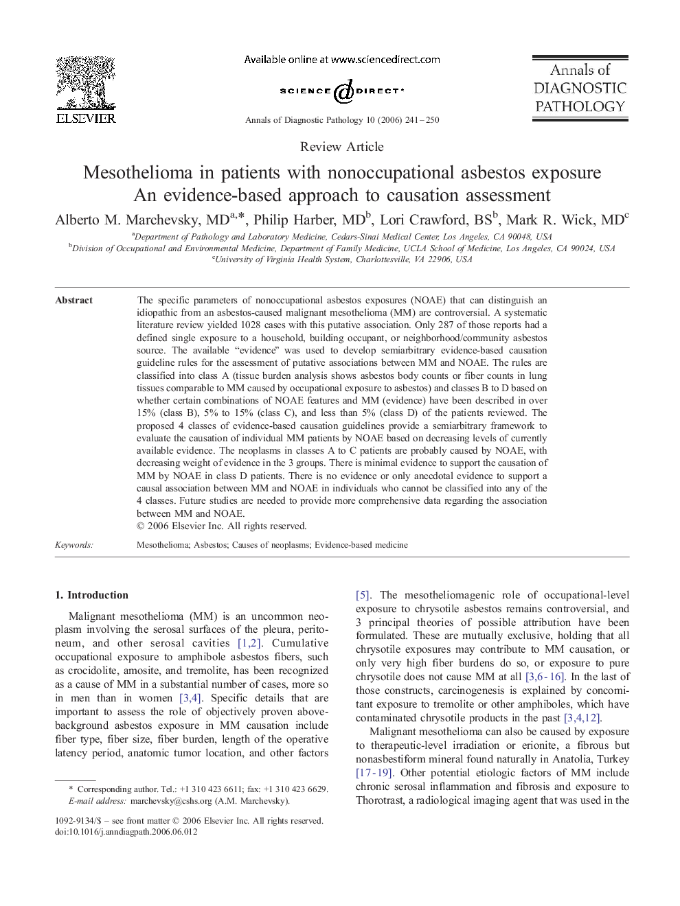 Mesothelioma in patients with nonoccupational asbestos exposure: An evidence-based approach to causation assessment