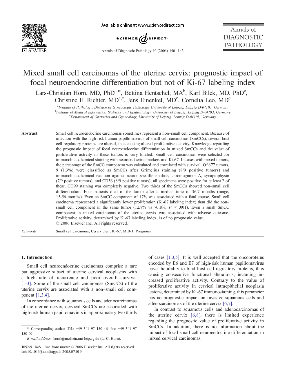 Mixed small cell carcinomas of the uterine cervix: prognostic impact of focal neuroendocrine differentiation but not of Ki-67 labeling index