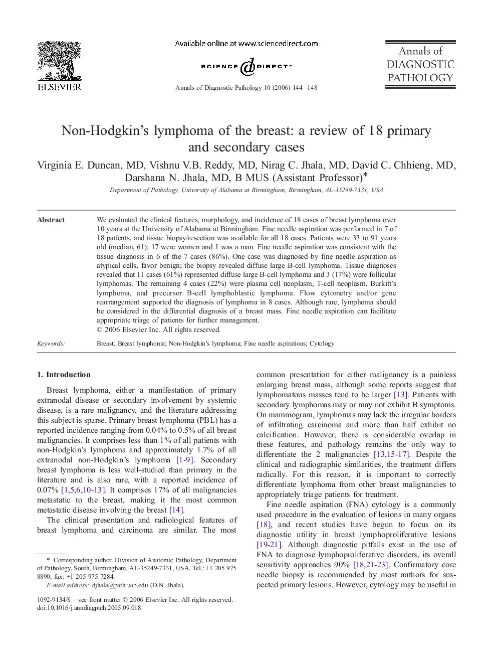 Non-Hodgkin's lymphoma of the breast: a review of 18 primary and secondary cases