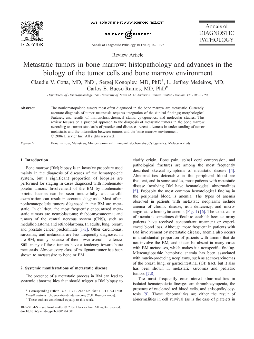 Metastatic tumors in bone marrow: histopathology and advances in the biology of the tumor cells and bone marrow environment