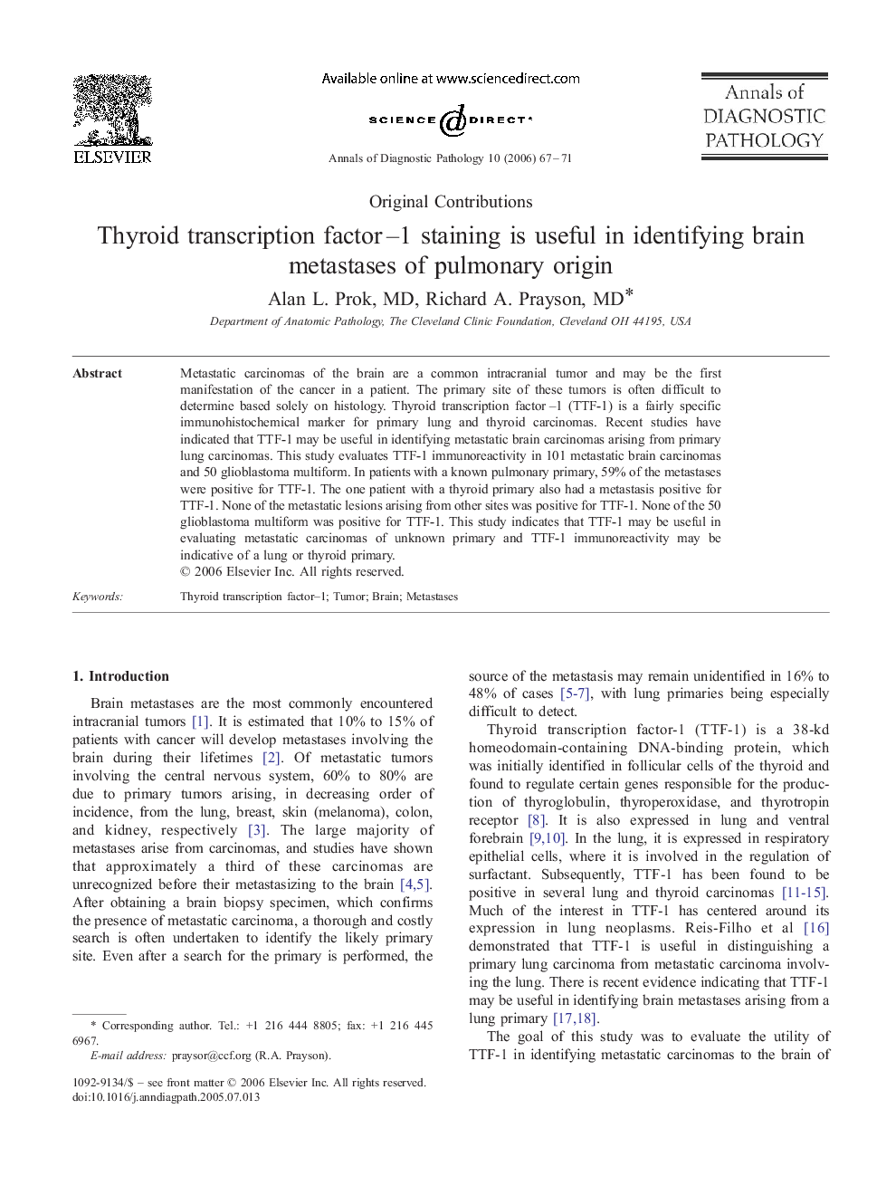 Thyroid transcription factor–1 staining is useful in identifying brain metastases of pulmonary origin