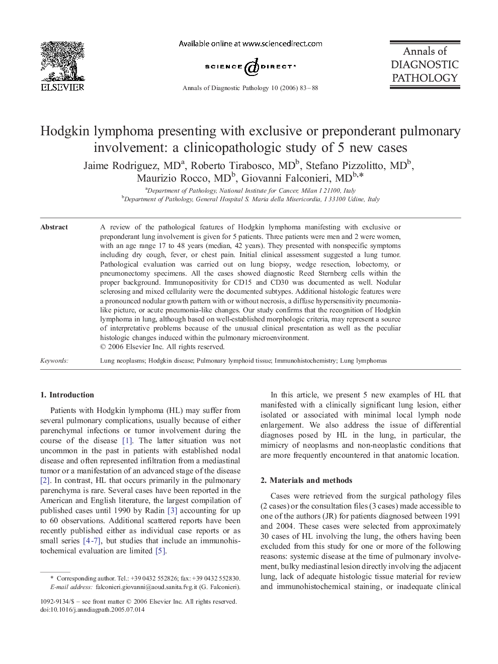 Hodgkin lymphoma presenting with exclusive or preponderant pulmonary involvement: a clinicopathologic study of 5 new cases