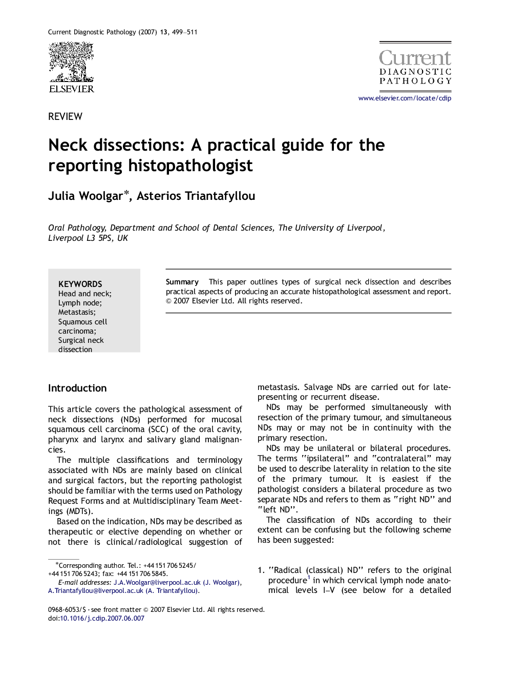 Neck dissections: A practical guide for the reporting histopathologist