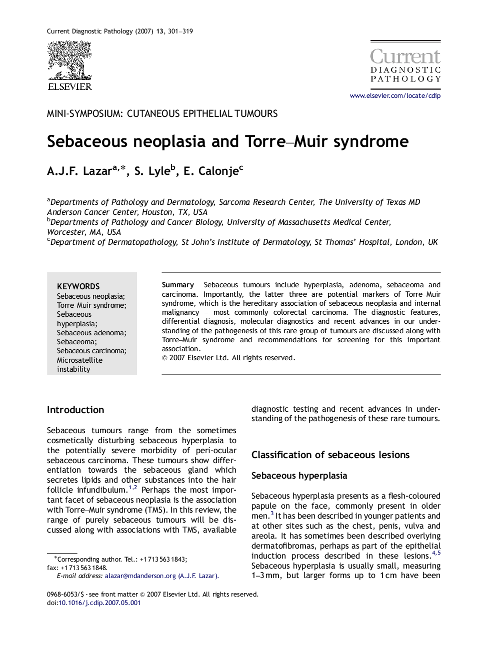 Sebaceous neoplasia and Torre–Muir syndrome