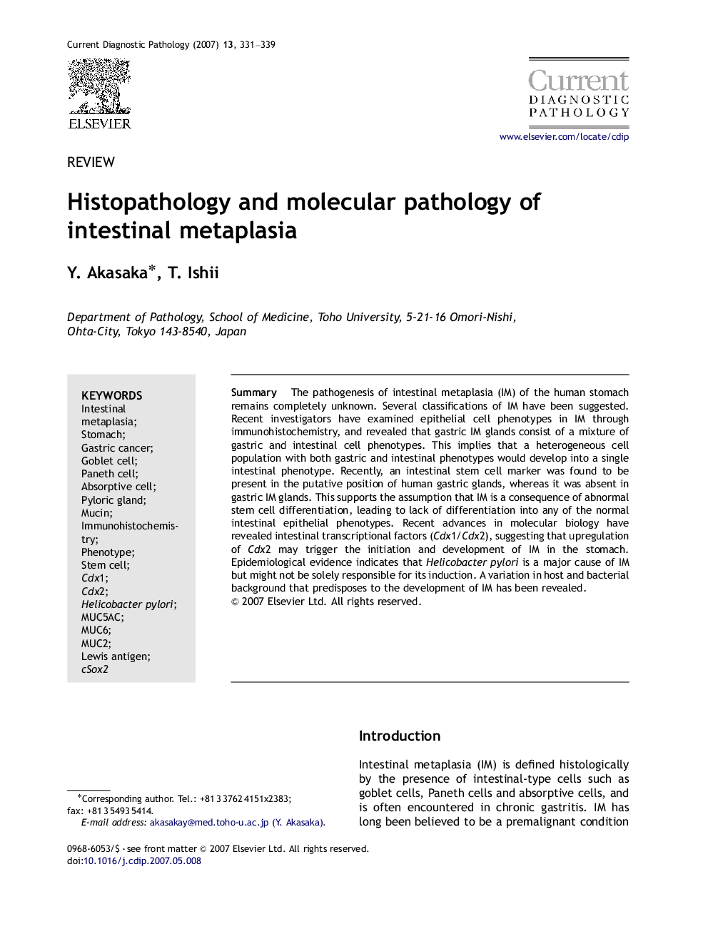 Histopathology and molecular pathology of intestinal metaplasia