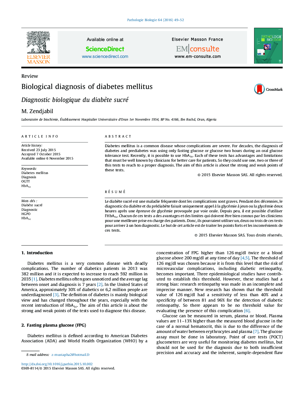 Biological diagnosis of diabetes mellitus