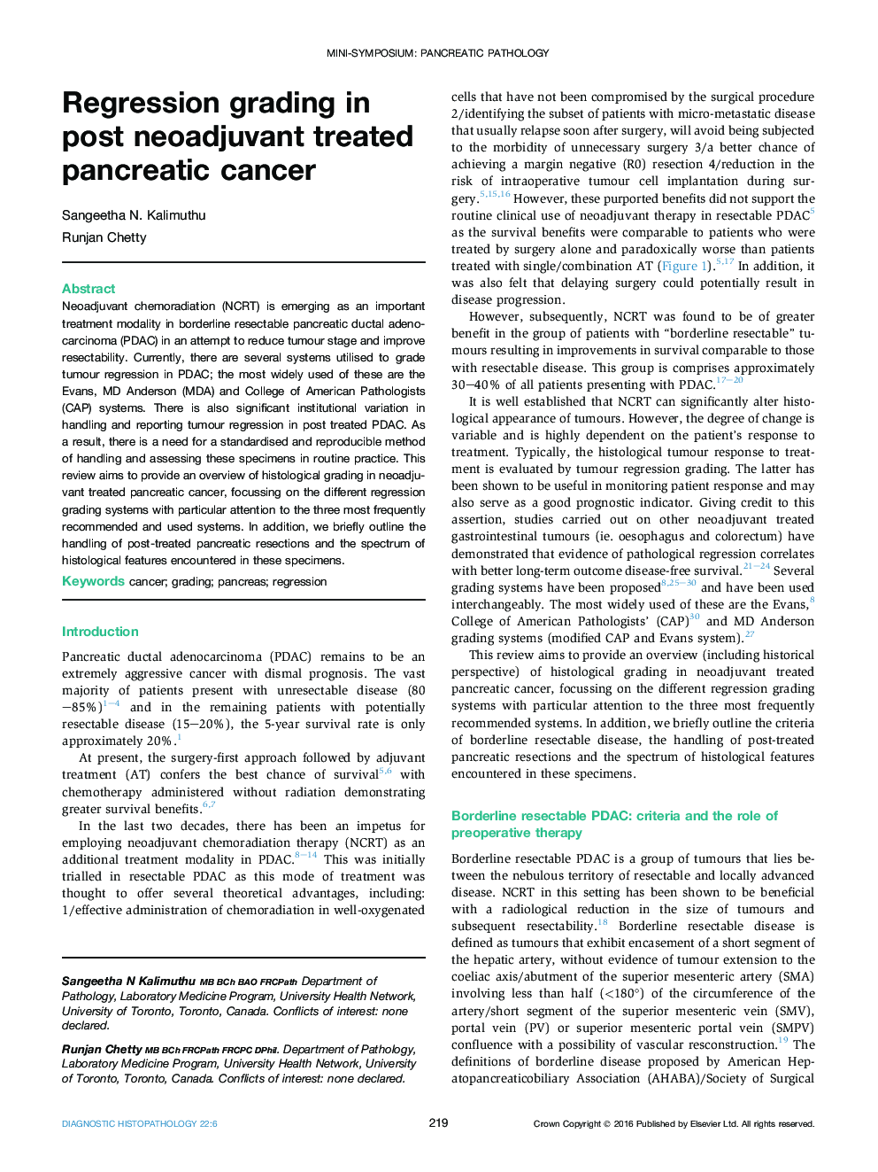 Regression grading in post neoadjuvant treated pancreatic cancer
