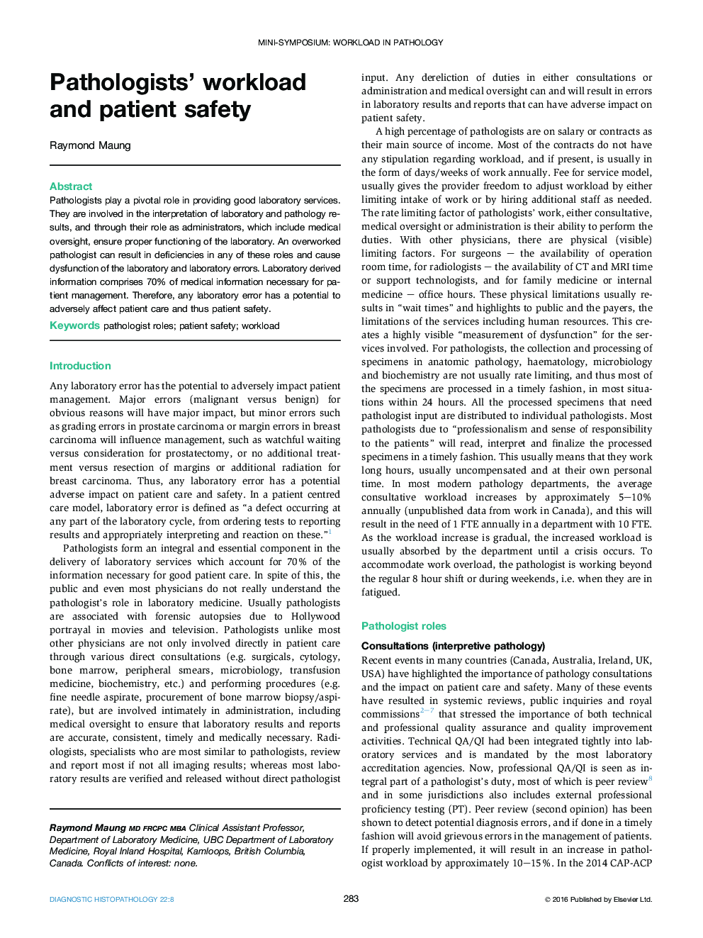 Pathologists' workload and patient safety