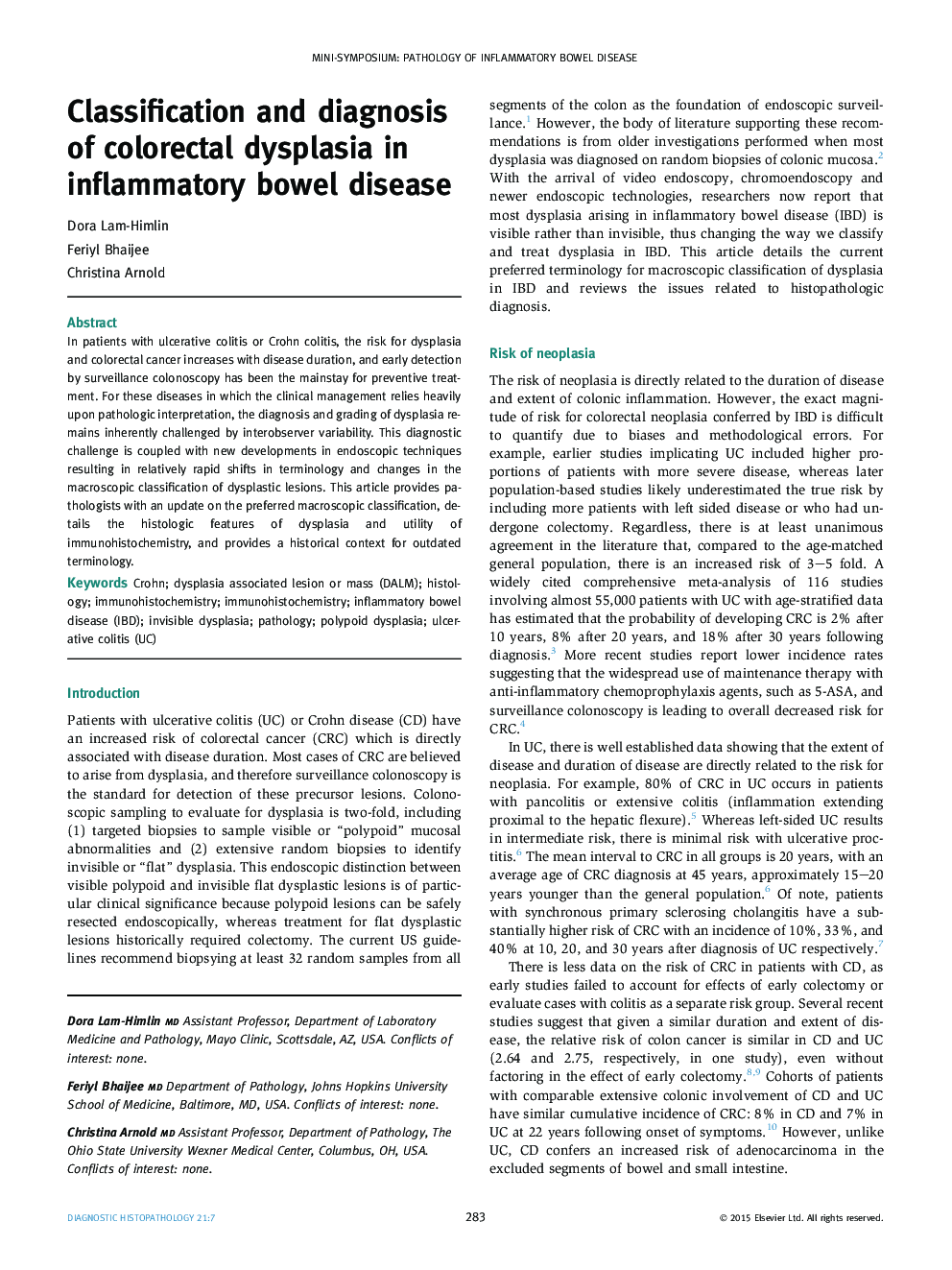 Classification and diagnosis of colorectal dysplasia in inflammatory bowel disease