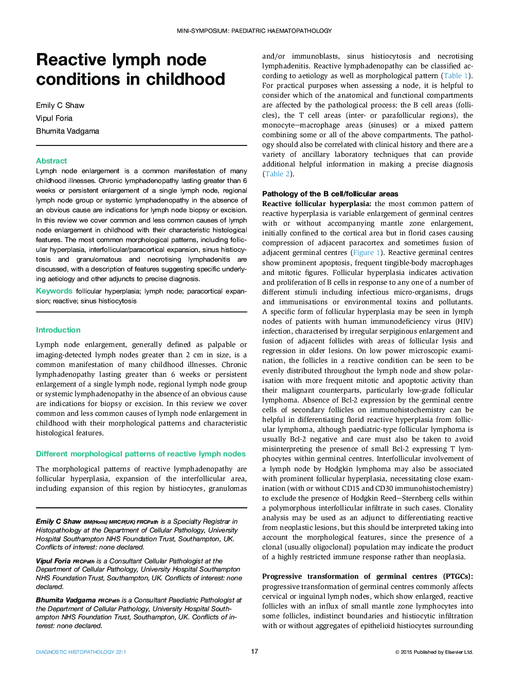 Reactive lymph node conditions in childhood