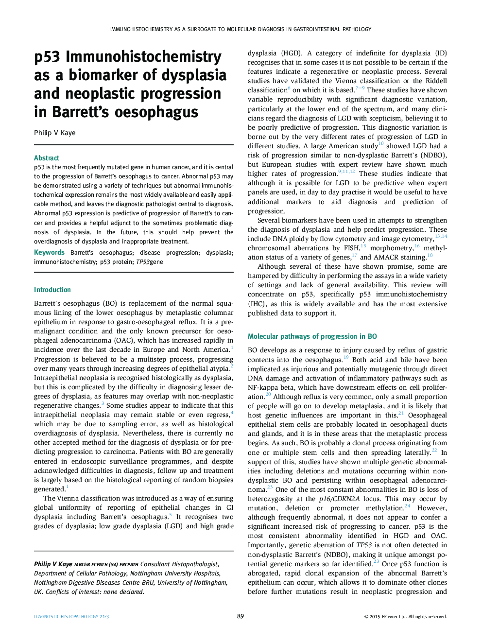 p53 Immunohistochemistry as a biomarker of dysplasia and neoplastic progression in Barrett's oesophagus