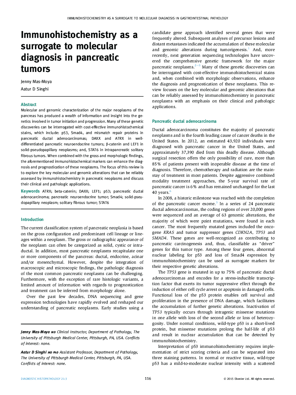 Immunohistochemistry as a surrogate to molecular diagnosis in pancreatic tumors