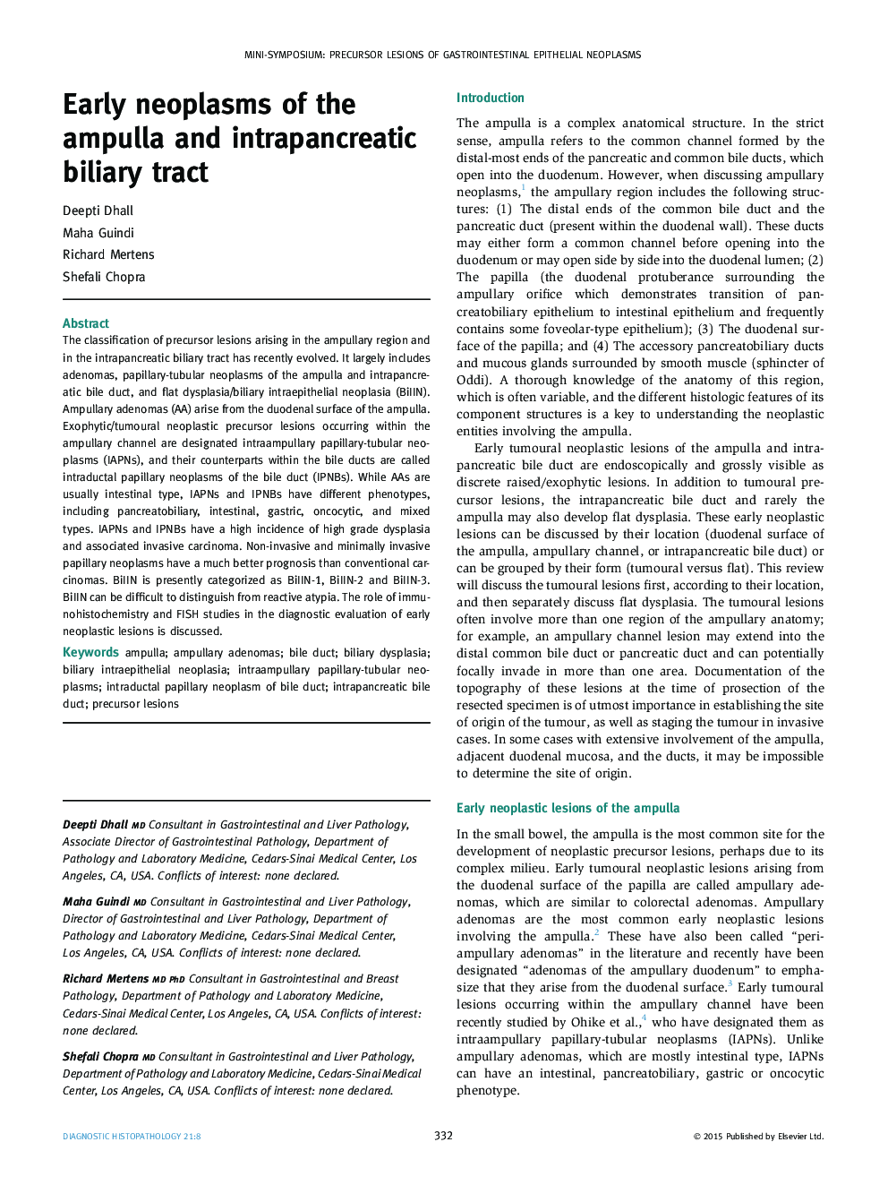 Early neoplasms of the ampulla and intrapancreatic biliary tract