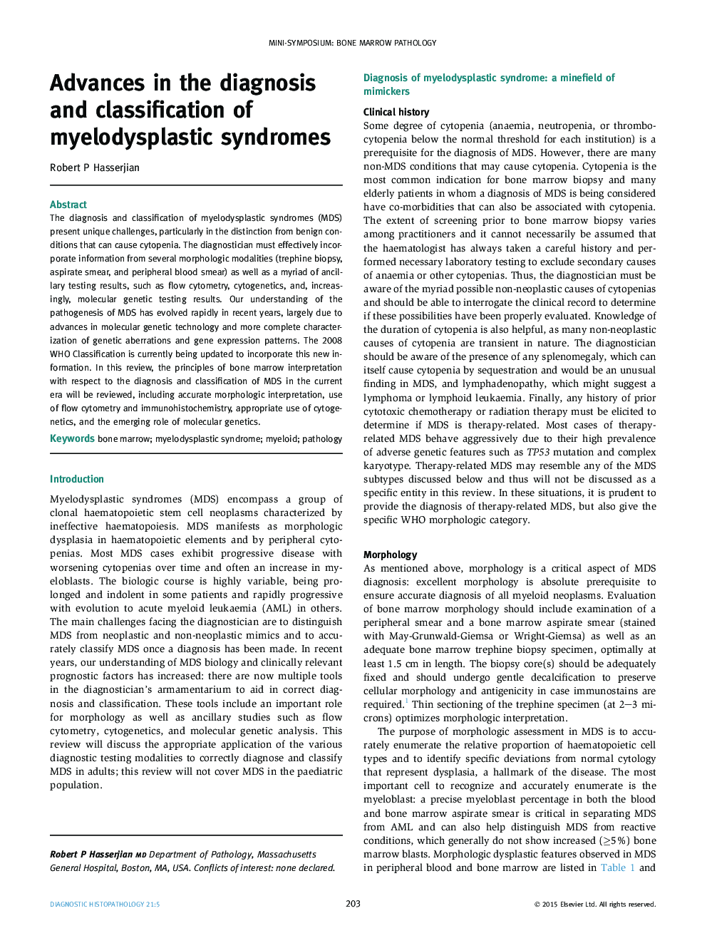 Advances in the diagnosis and classification of myelodysplastic syndromes