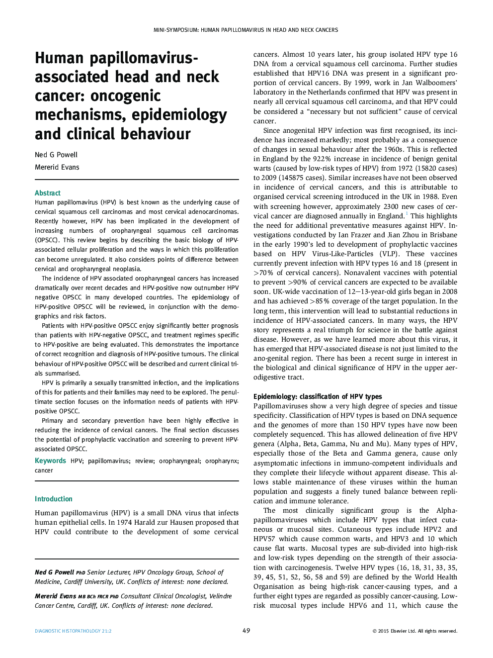 Human papillomavirus-associated head and neck cancer: oncogenic mechanisms, epidemiology and clinical behaviour