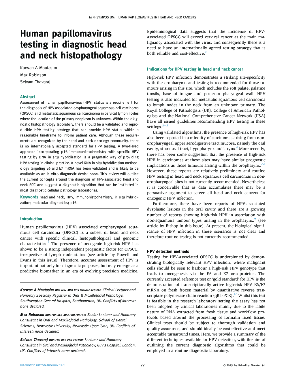 Human papillomavirus testing in diagnostic head and neck histopathology