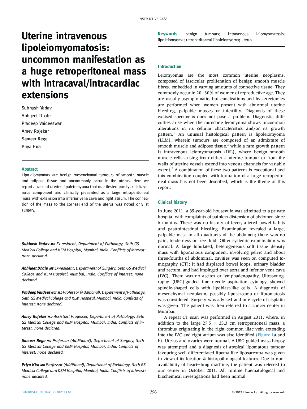 Uterine intravenous lipoleiomyomatosis: uncommon manifestation as a huge retroperitoneal mass with intracaval/intracardiac extensions