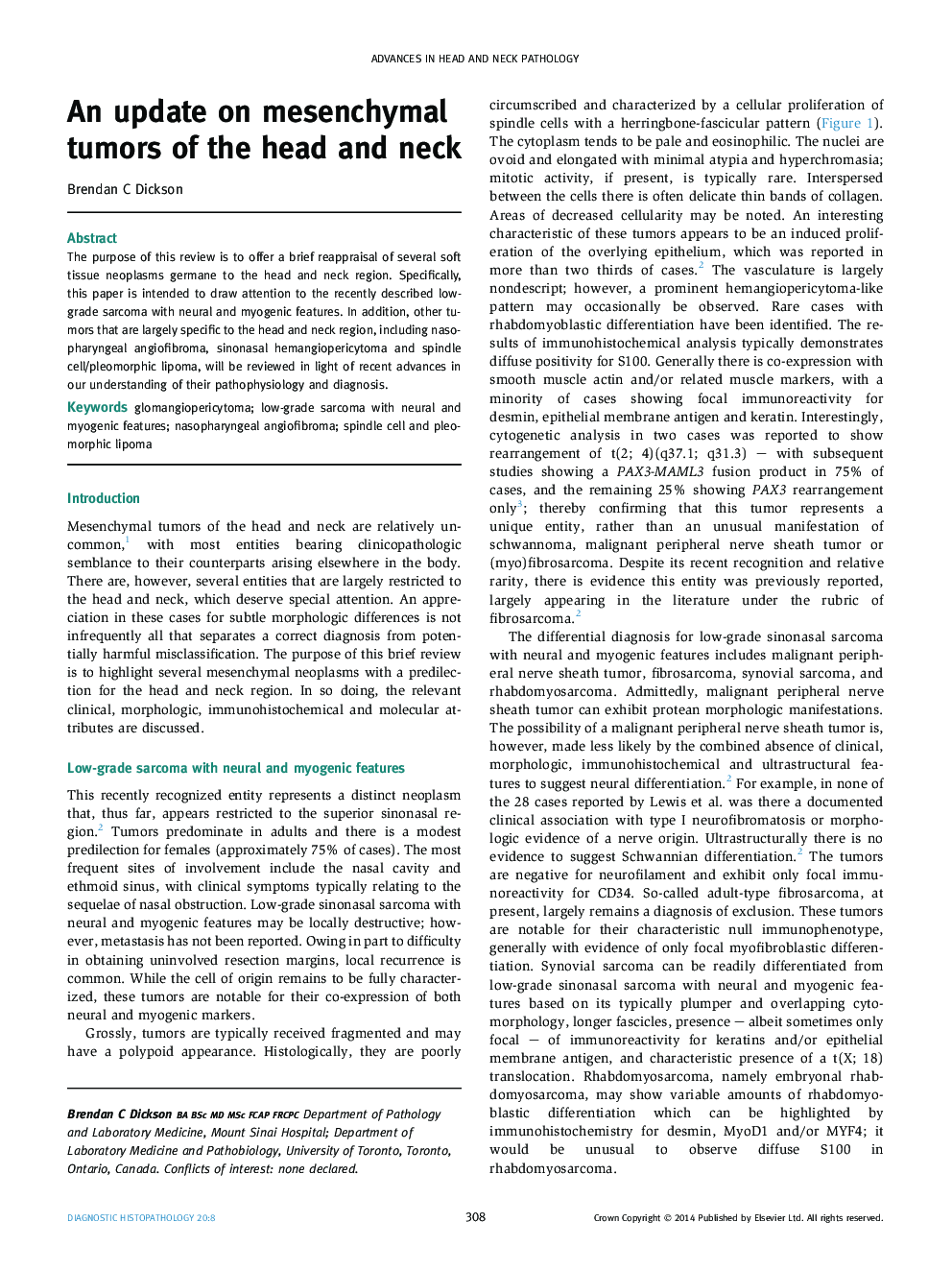 An update on mesenchymal tumors of the head and neck