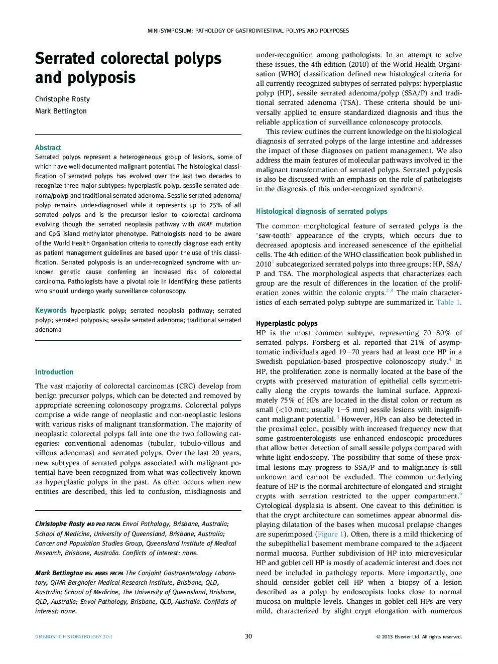 Serrated colorectal polyps and polyposis